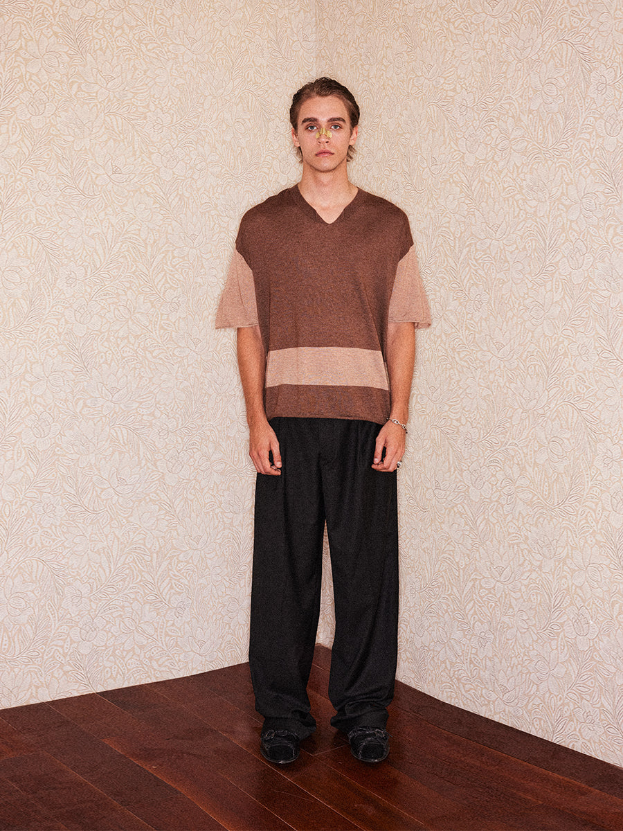 Beige and brown stitched wool T-shirt