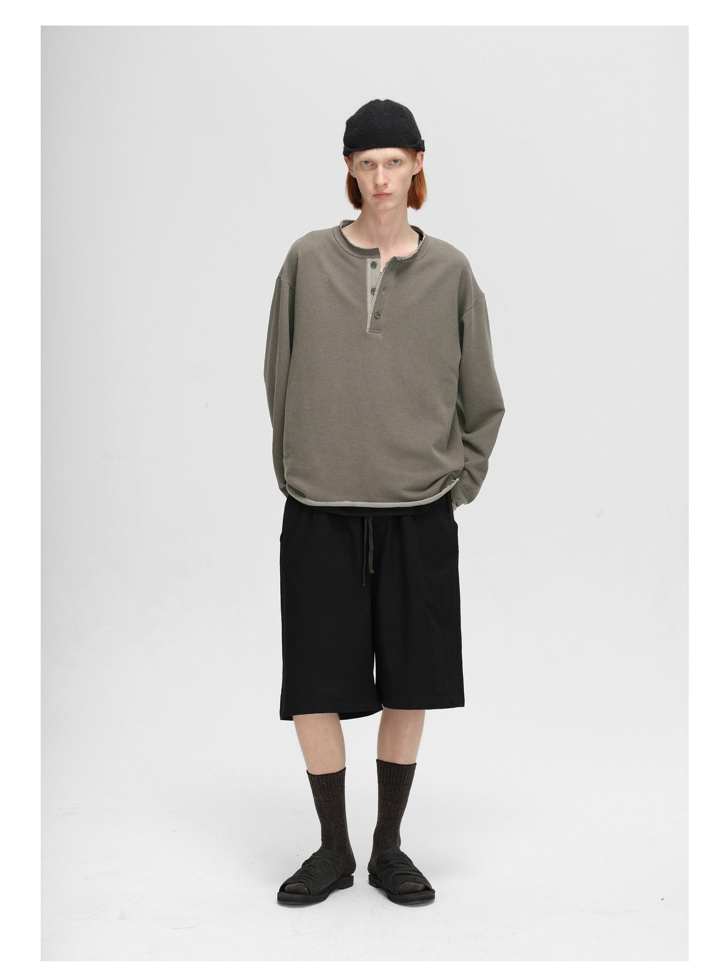 Washed Cotton Henley Neck T-shirt