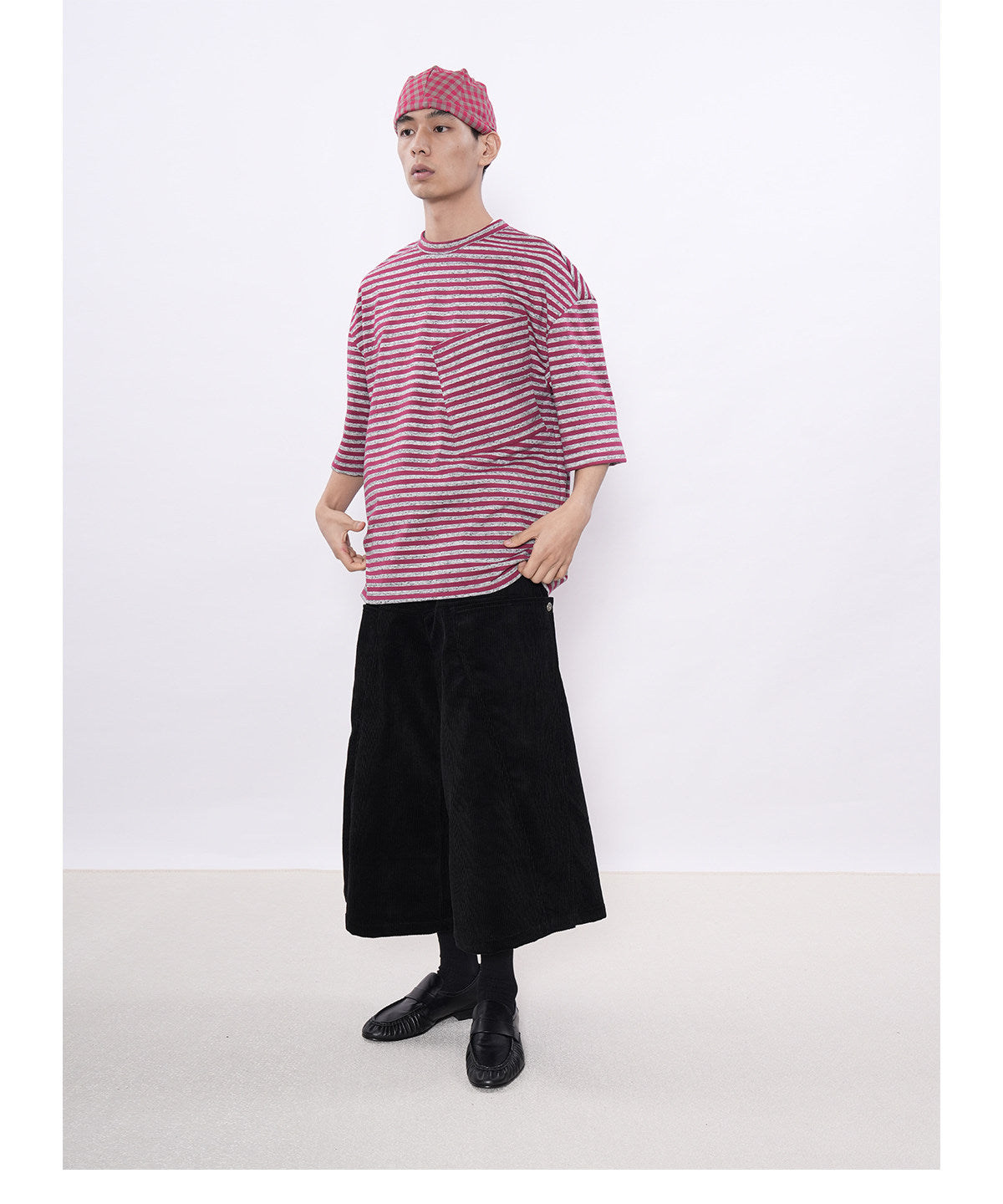 Striped Silhouette T-Shirt with Diagonal Pockets