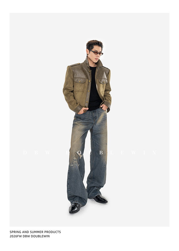 Textured Leather Patchwork Suede Short Jacket