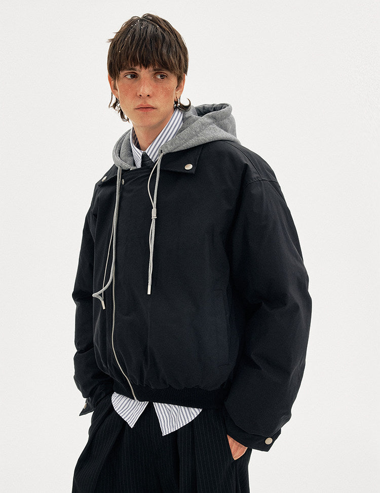 Faux Two-Piece Short Hooded Cotton Jacket