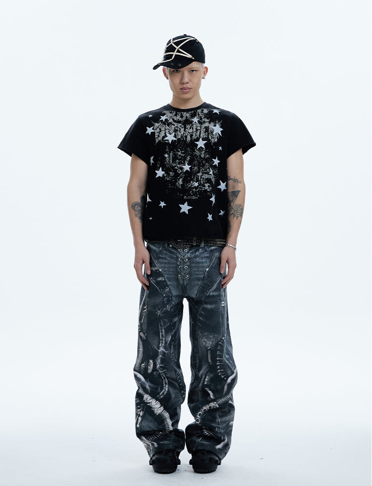 Oddly shaped pipe digital print Jeans