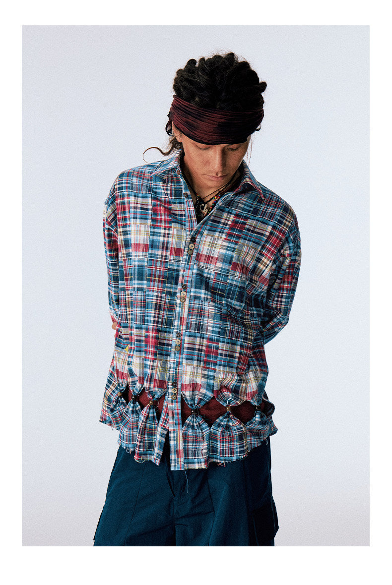 Patchwork Checkered Cut-Out Shirt