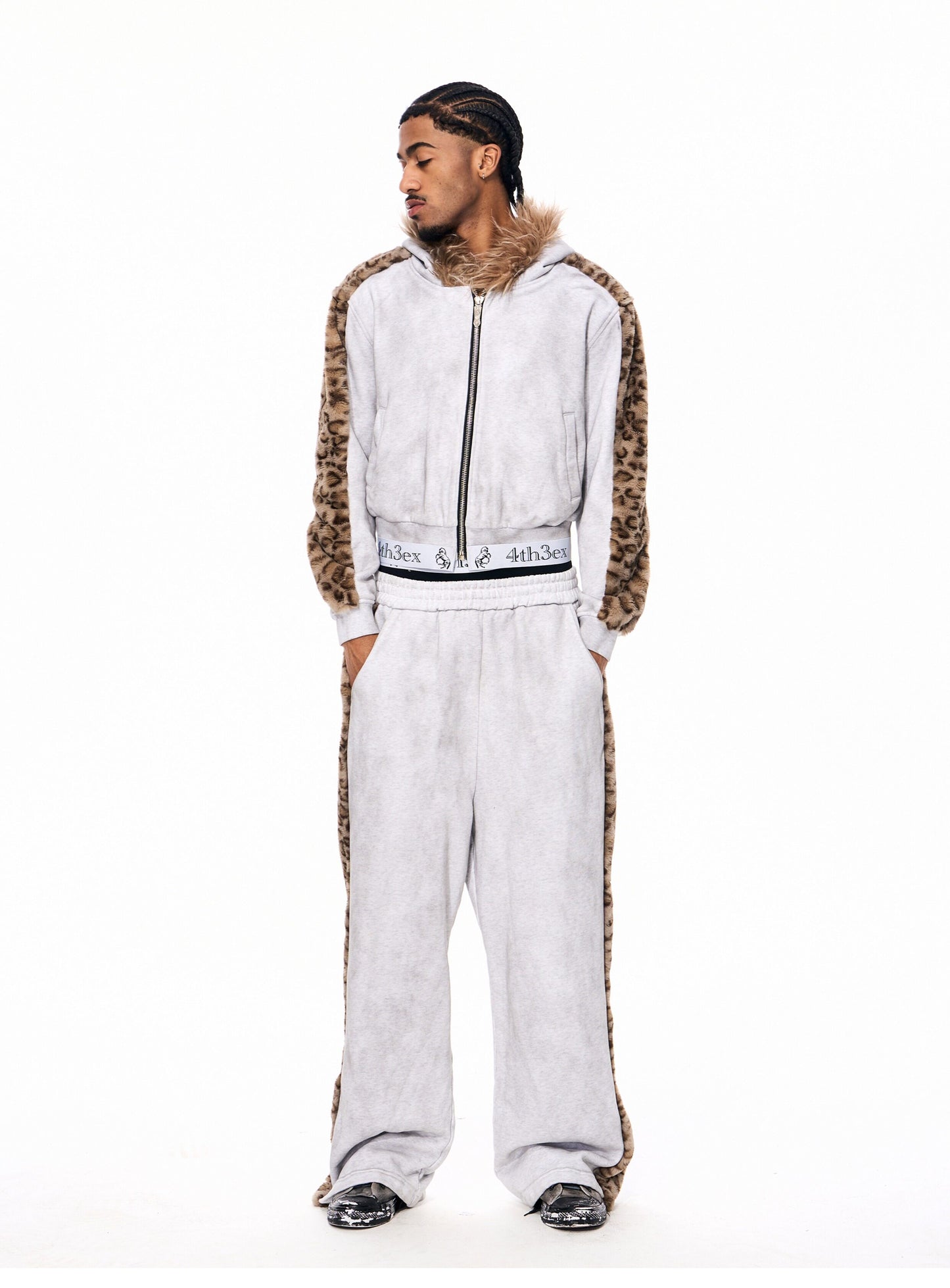 Leopard-Print Faux Fur Patchwork Sweatpants