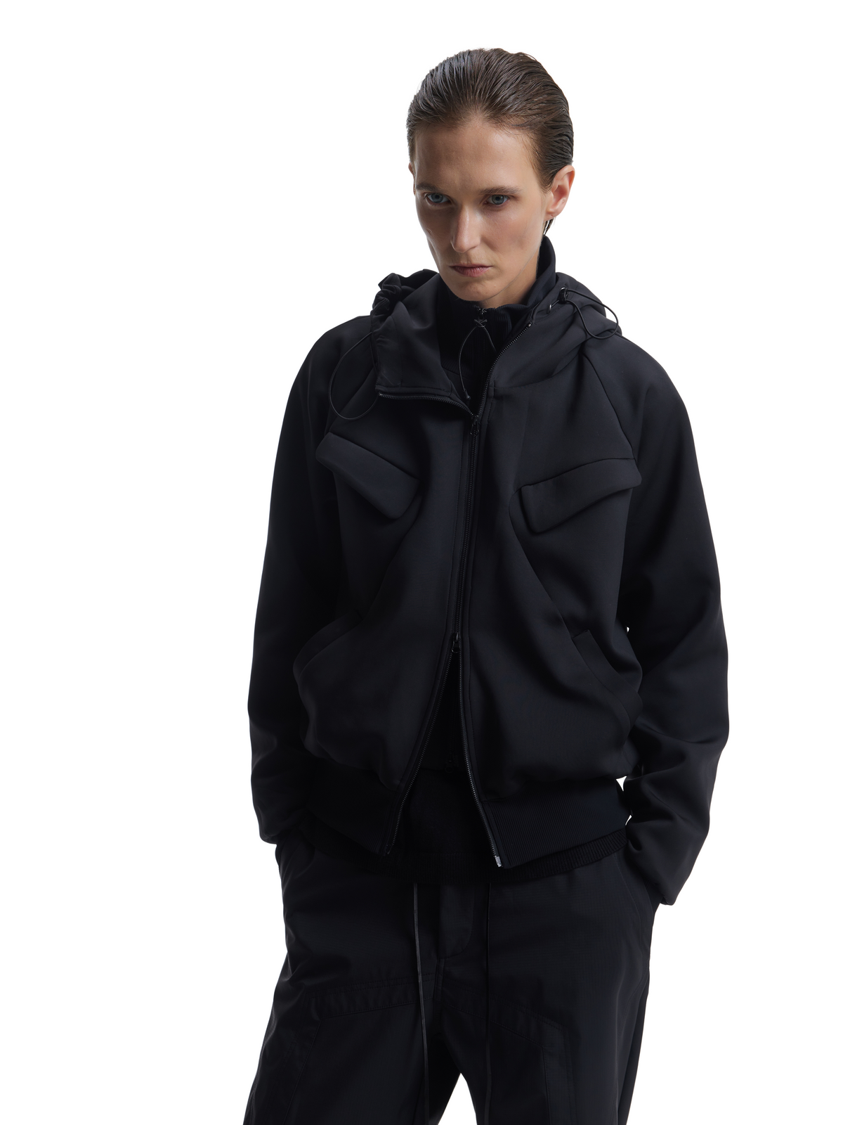 Faux Two-Piece Stand-Collar Hooded Sweatshirt