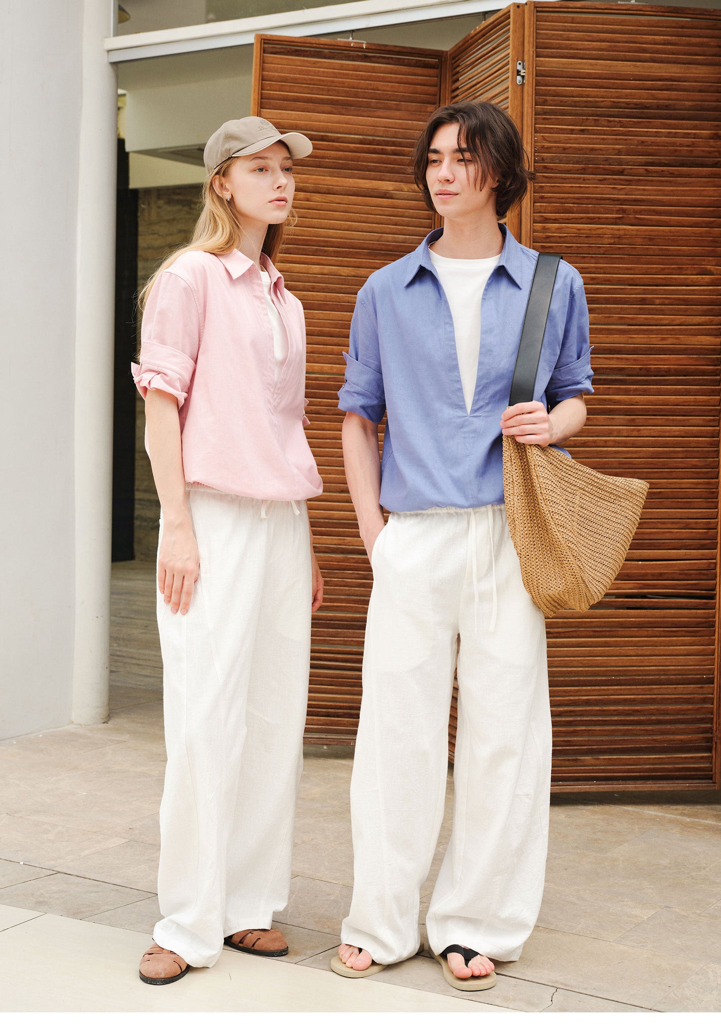 Deep V-Neck Faux Two-Piece Roll-Sleeve Shirt