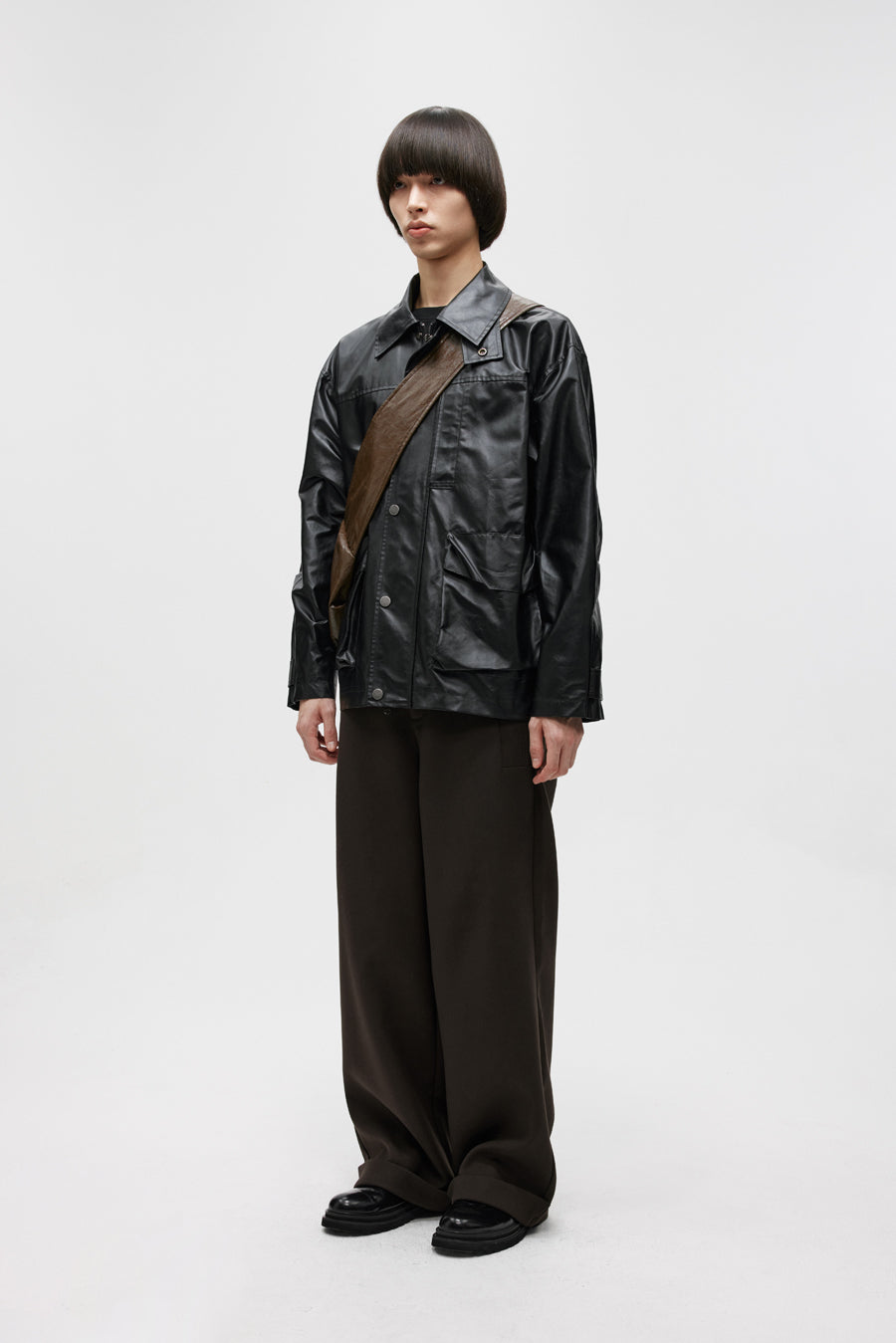 Imitation leather mid-length jacket