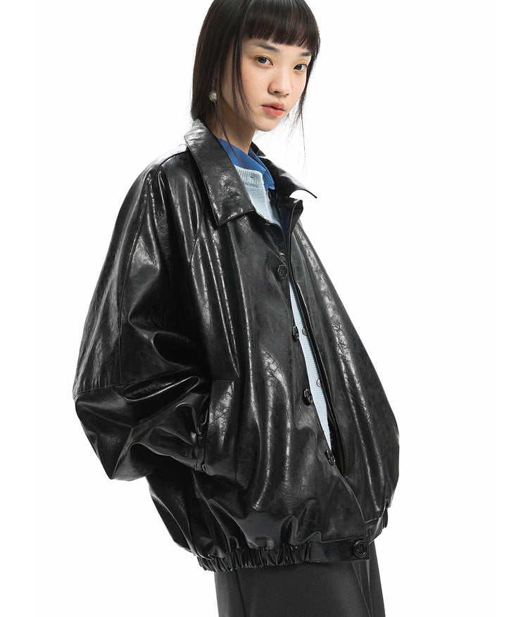 Short Wide Lapel Oil Wax Leather Jacket