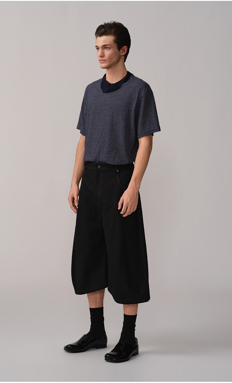 carf-Collar Striped T-Shirt