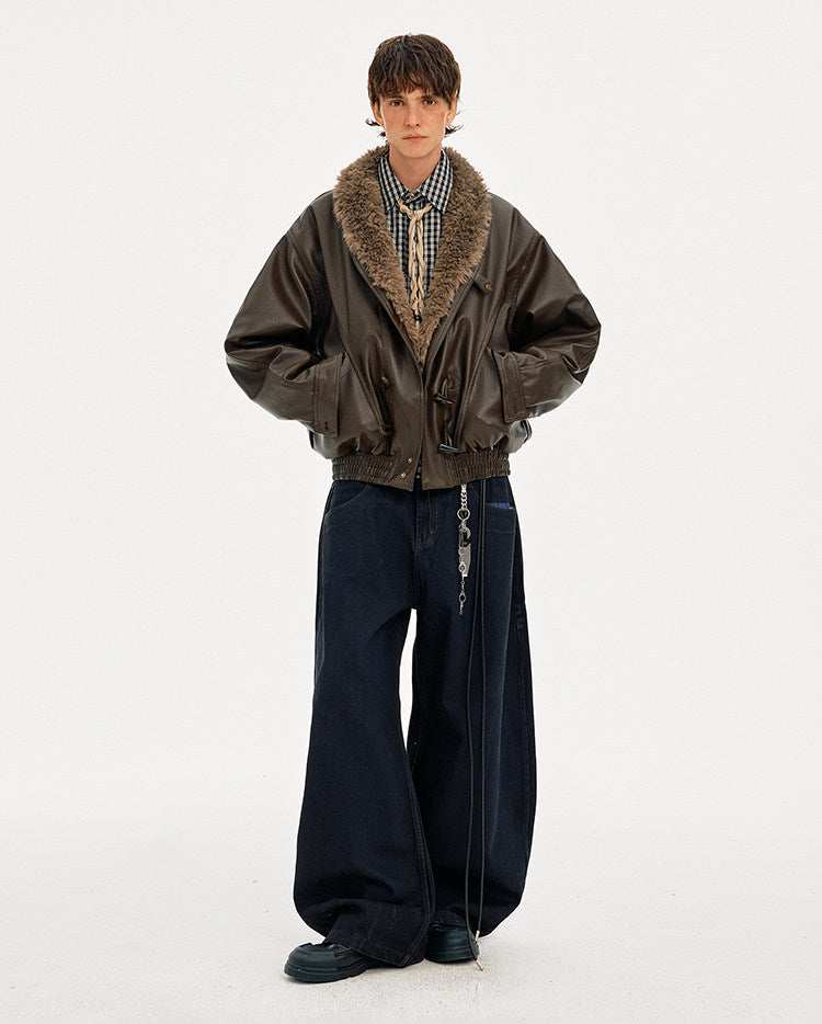 Horn Button Fur Collar Leather Jacket