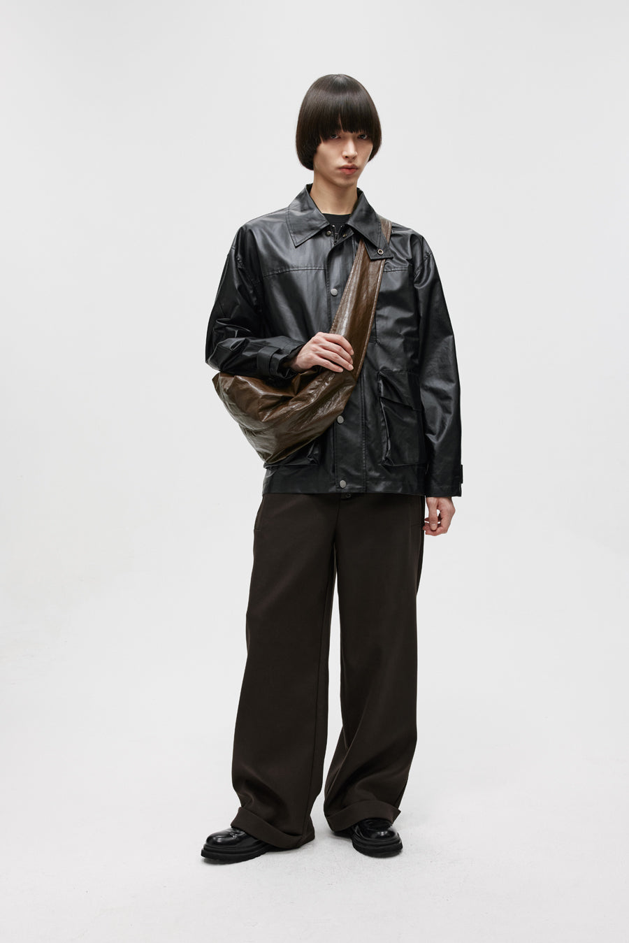 Imitation leather mid-length jacket