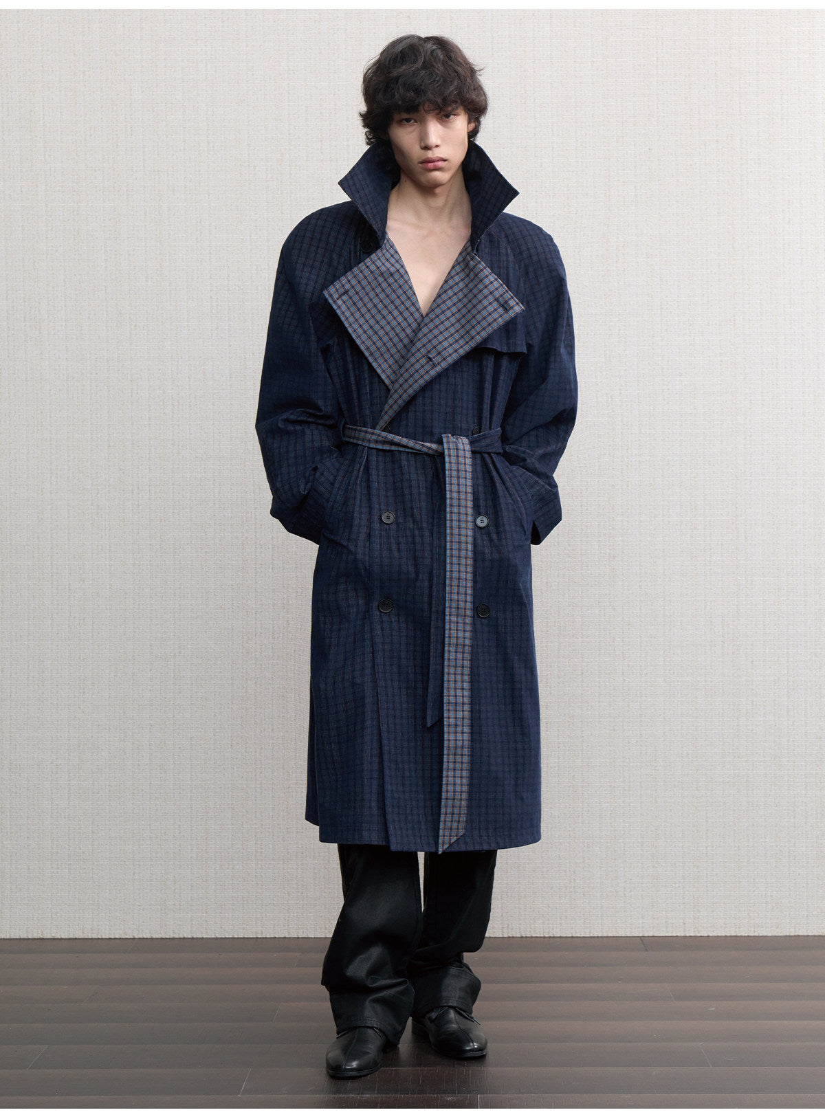 Check-Patterned Raglan-Sleeve Trench Coat
