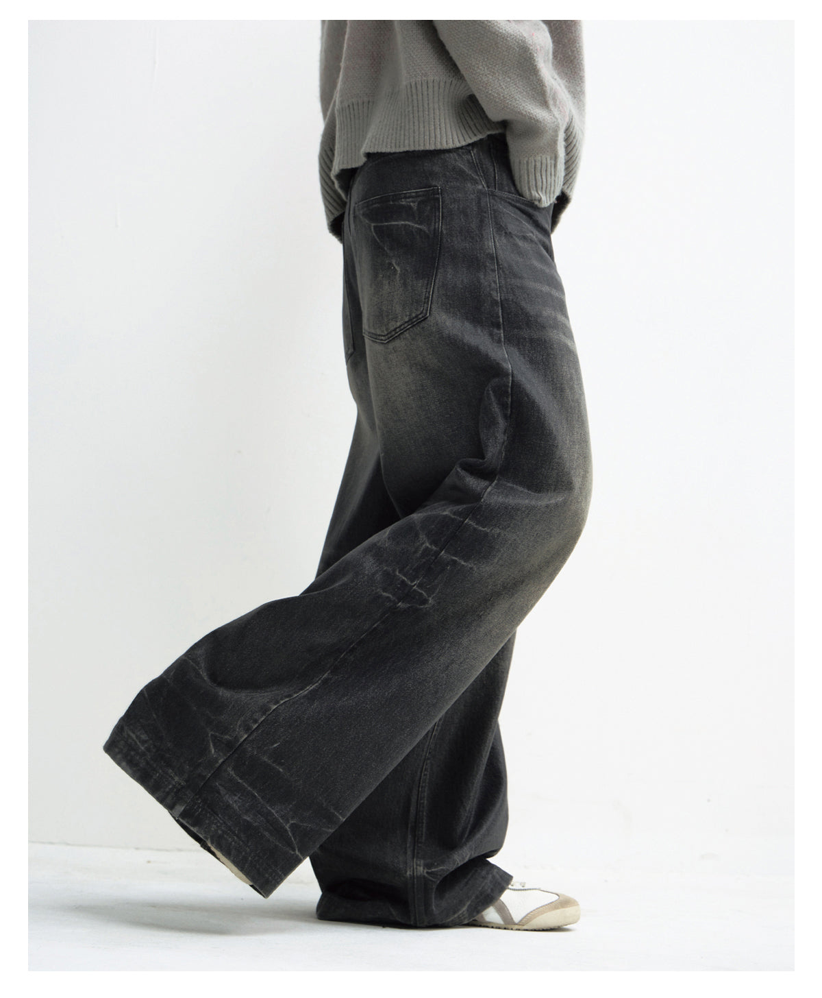 Hand Brushed Washed Wide Leg Jeans