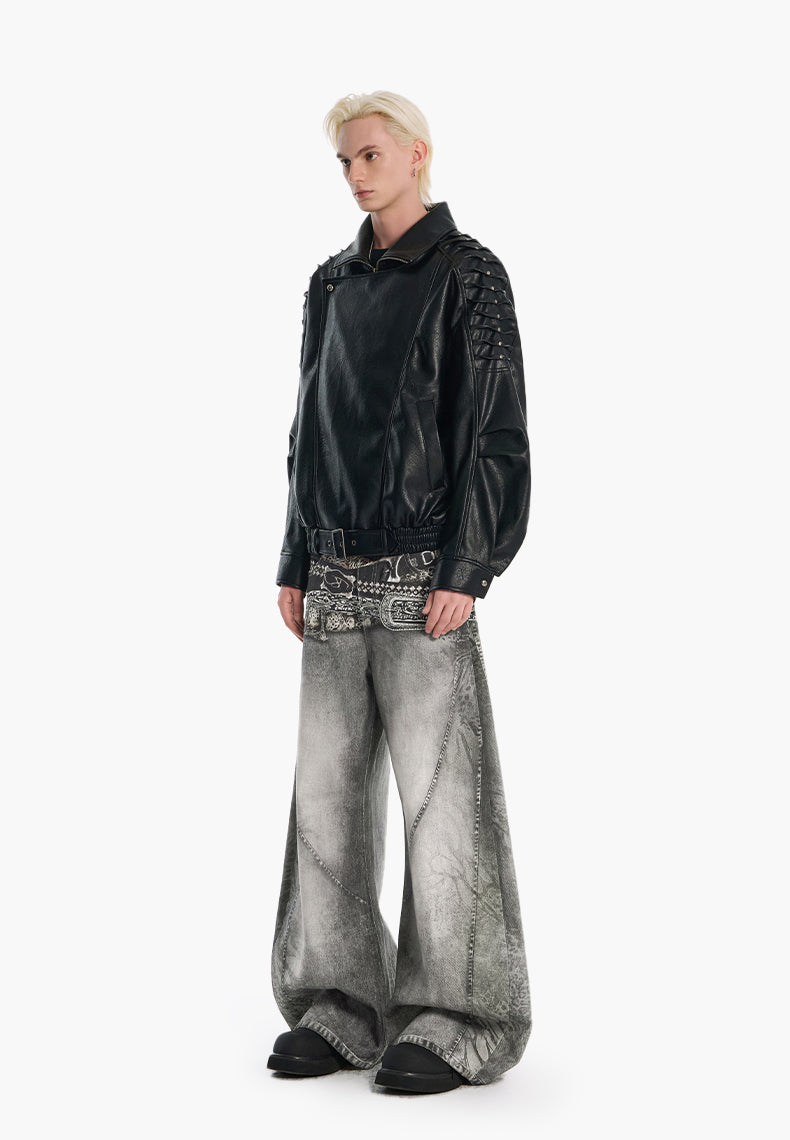 Belt print denim pants