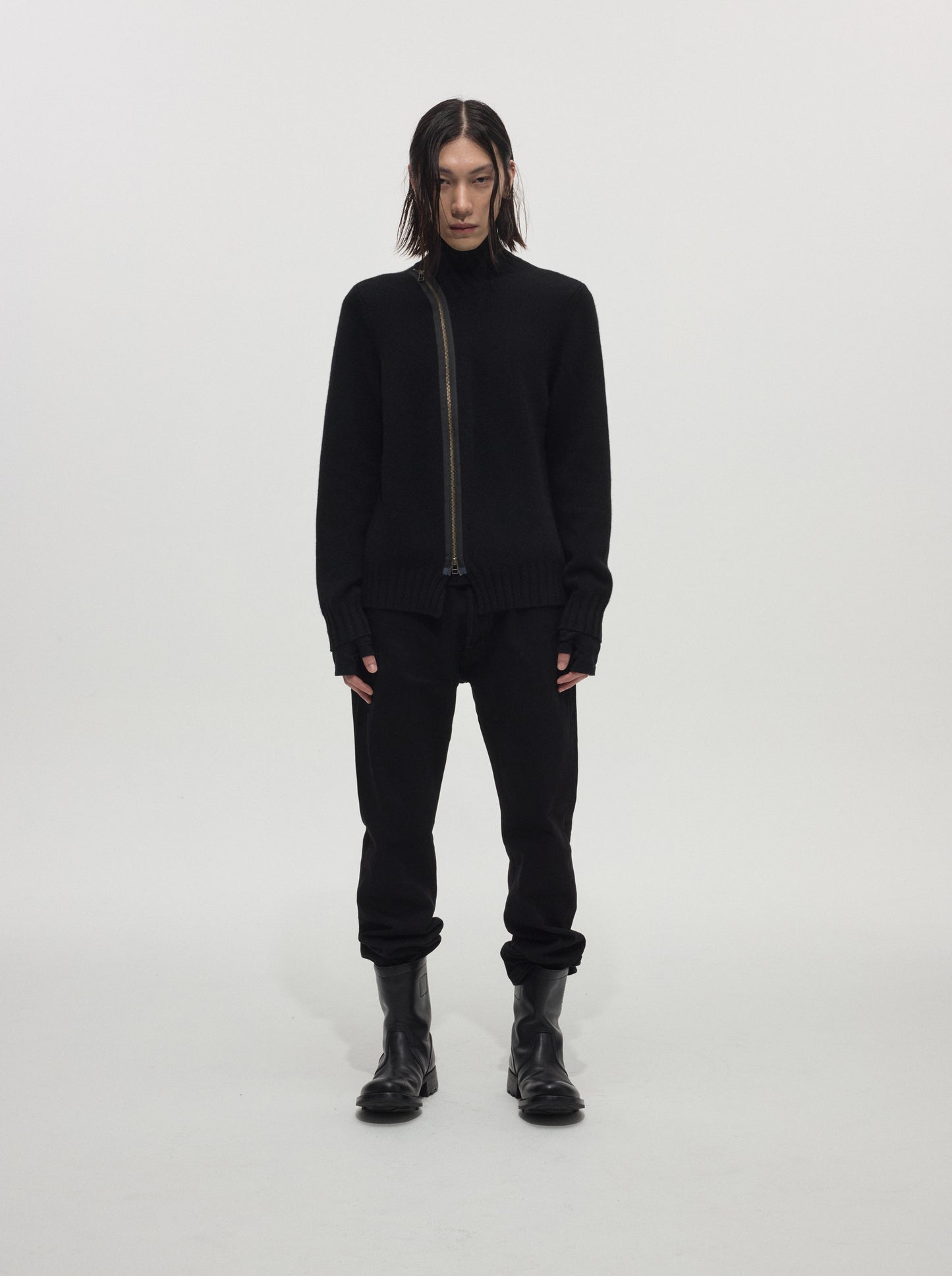 Diagonal-zip Wool Knit Cardigan
