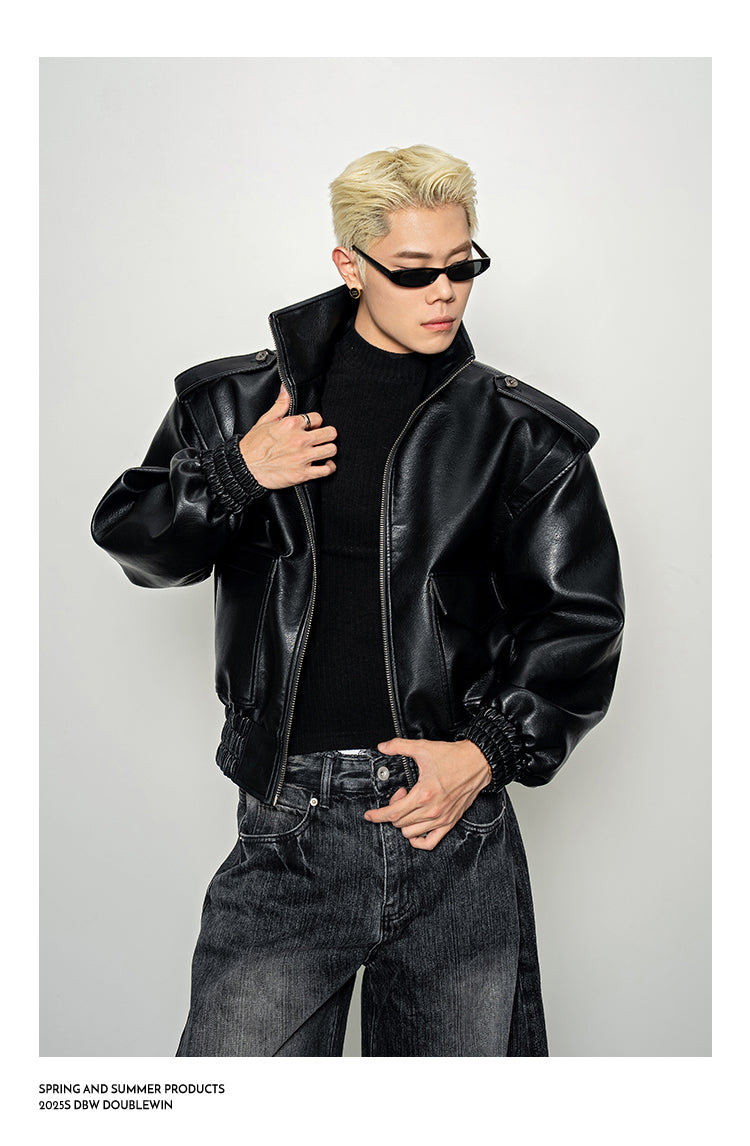 Wide-Shoulder High-Neck Leather Jacket