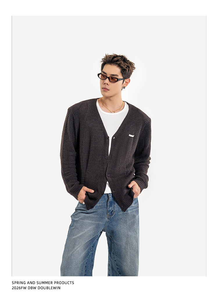 Waffle-Knit Wool V-Neck Knit Cardigan