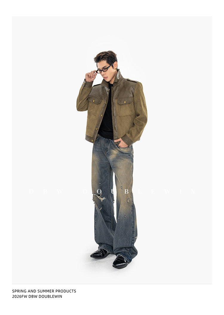 Textured Leather Patchwork Suede Short Jacket