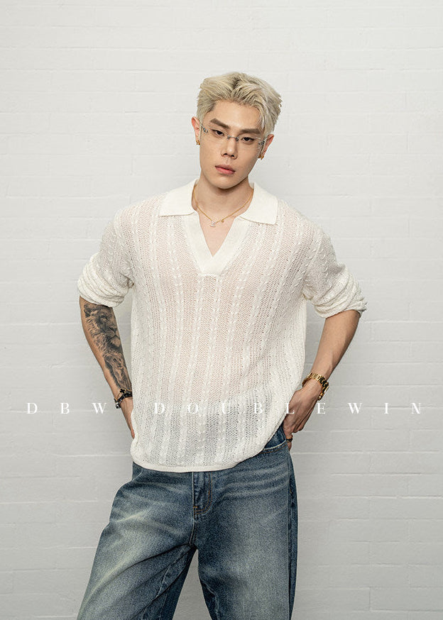V-neck lapel knit sweater