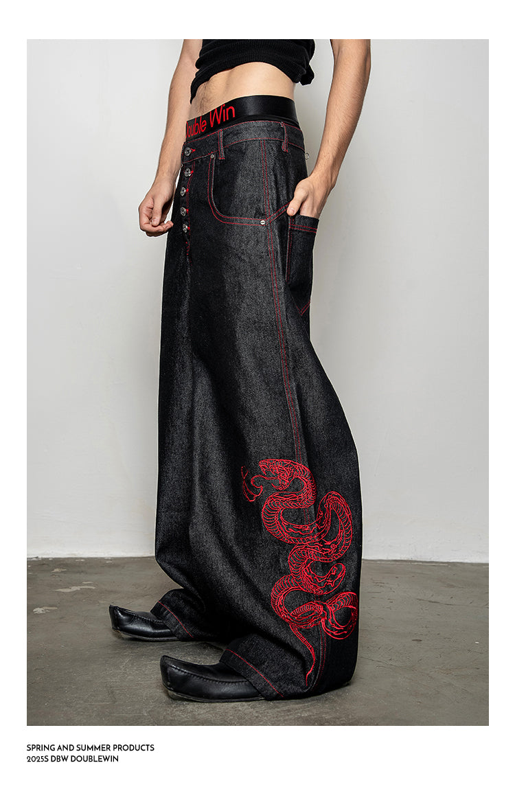 Red Snake Denim Pants