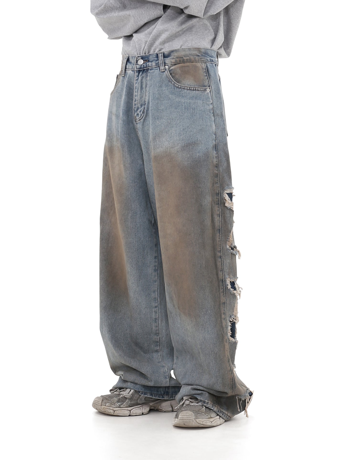 Wide leg Damaged Ripped Washed Denim Pants