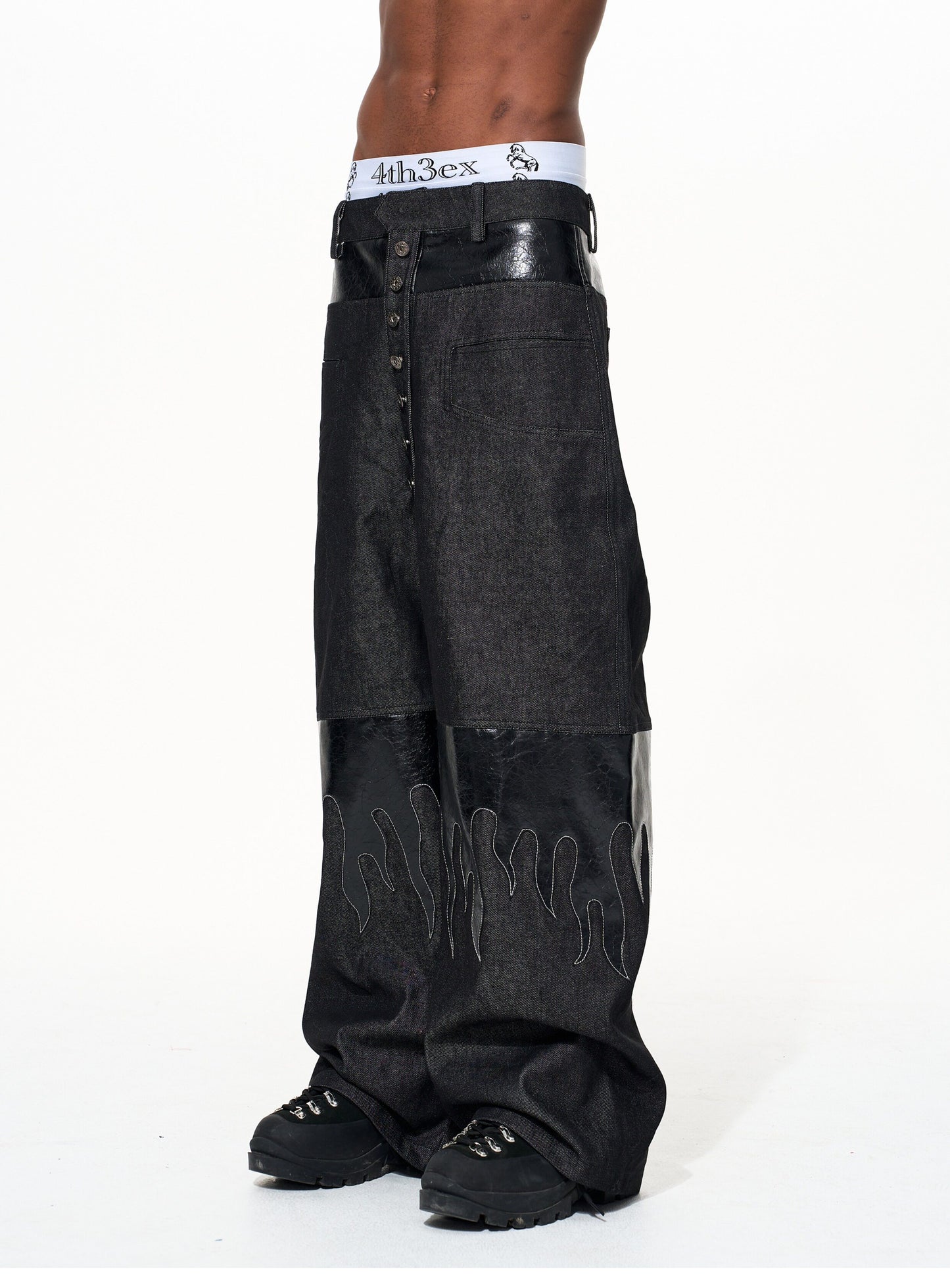 Flame Pattern Leather Jeans