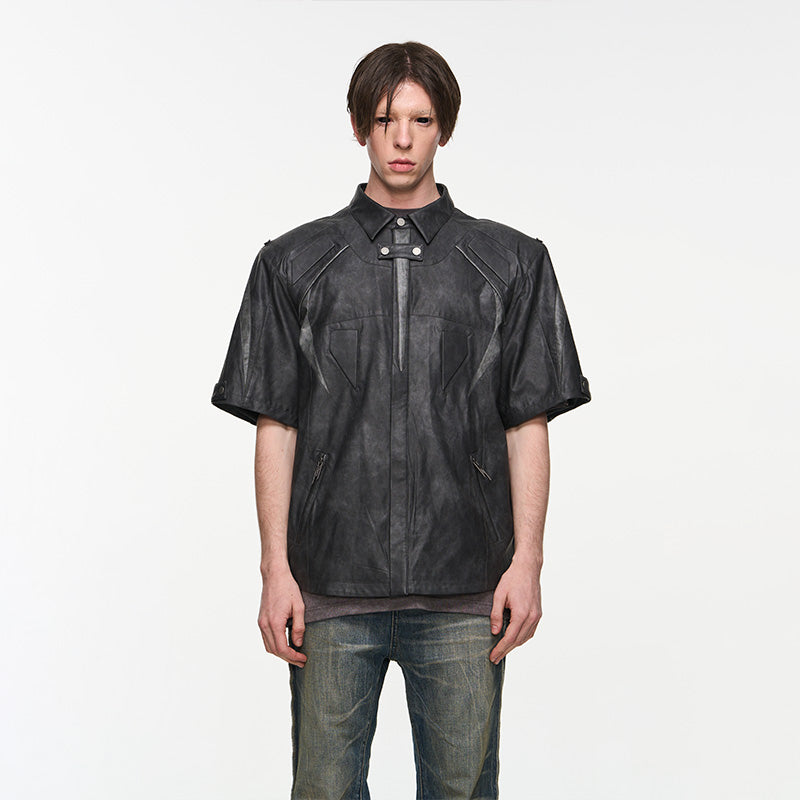 Damaged leather loose short sleeve shirt