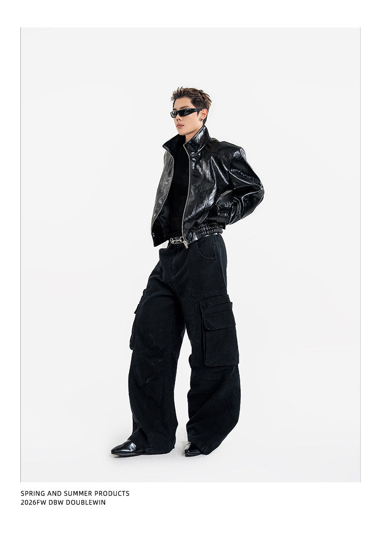 Short Biker Jacket with Stand-Up Collar