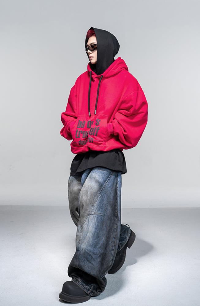 Faux two-piece double hooded sweatshirt