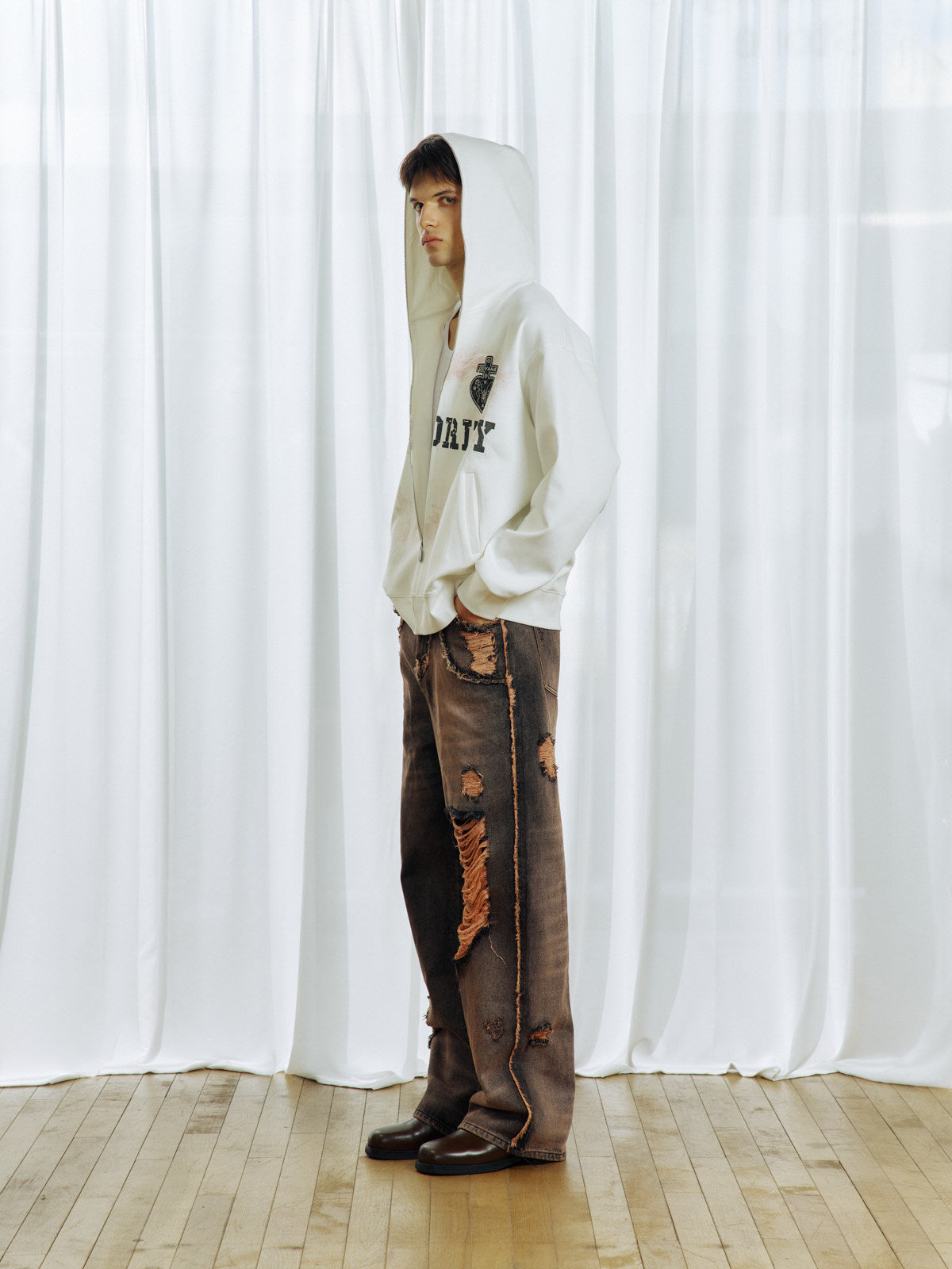 Hand-Distressed Cut Frayed Jeans