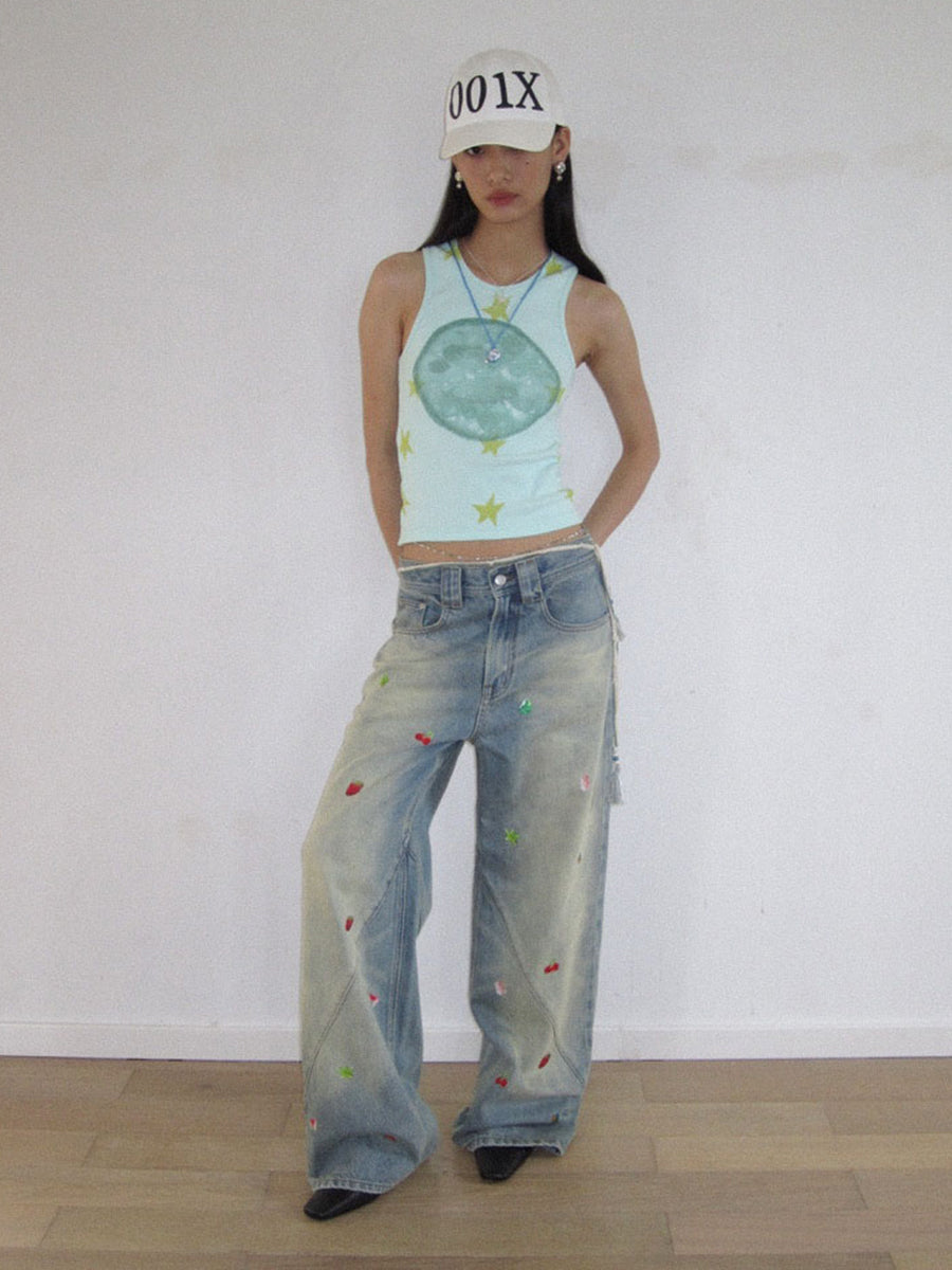 Printed Washed Whisker Jeans