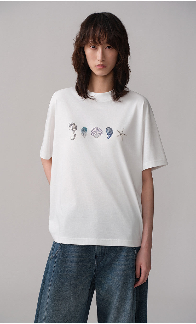 Round-Neck Loose-Shoulder Printed T-Shirt