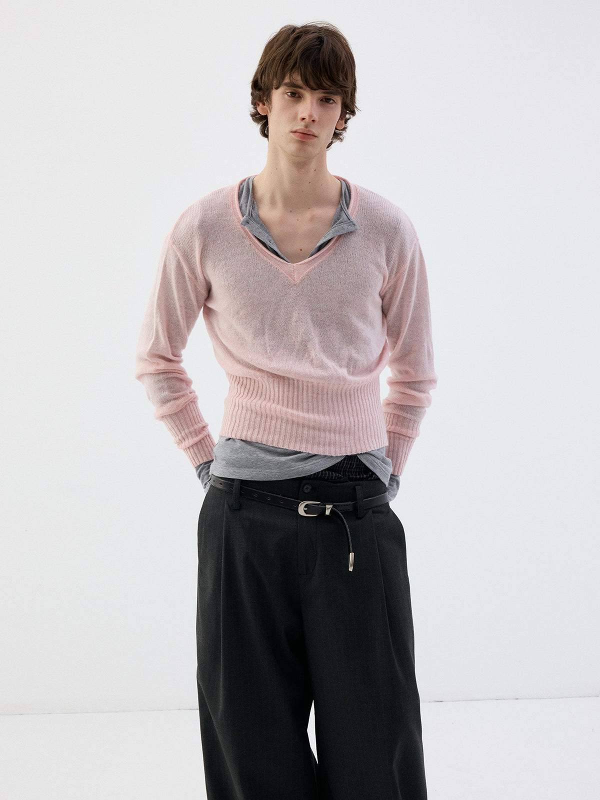 Wool Roll-Sleeve V-Neck Sweater