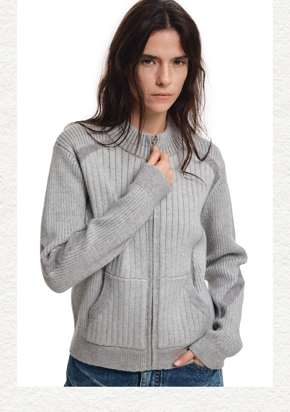 Slim Stand Collar Color-Block Zipper Knit Jacket