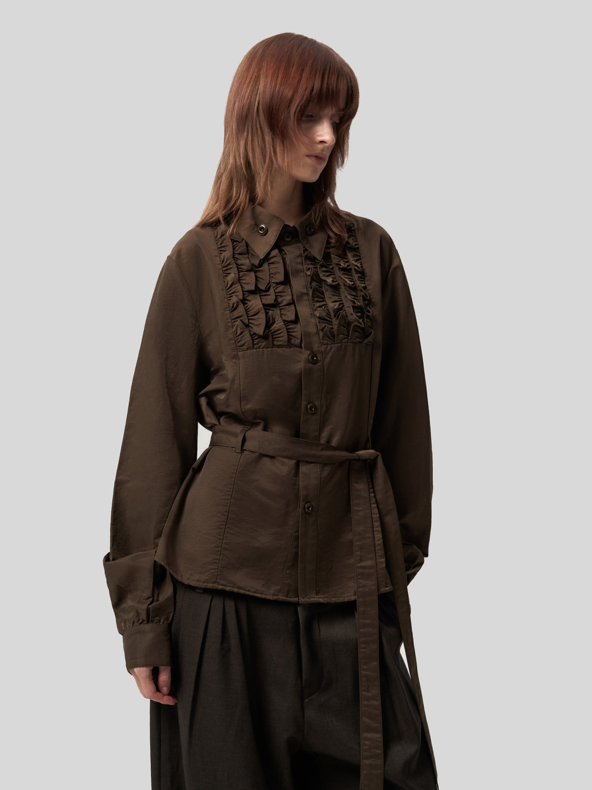 Copper Satin Silk Frilled Waist Shirt