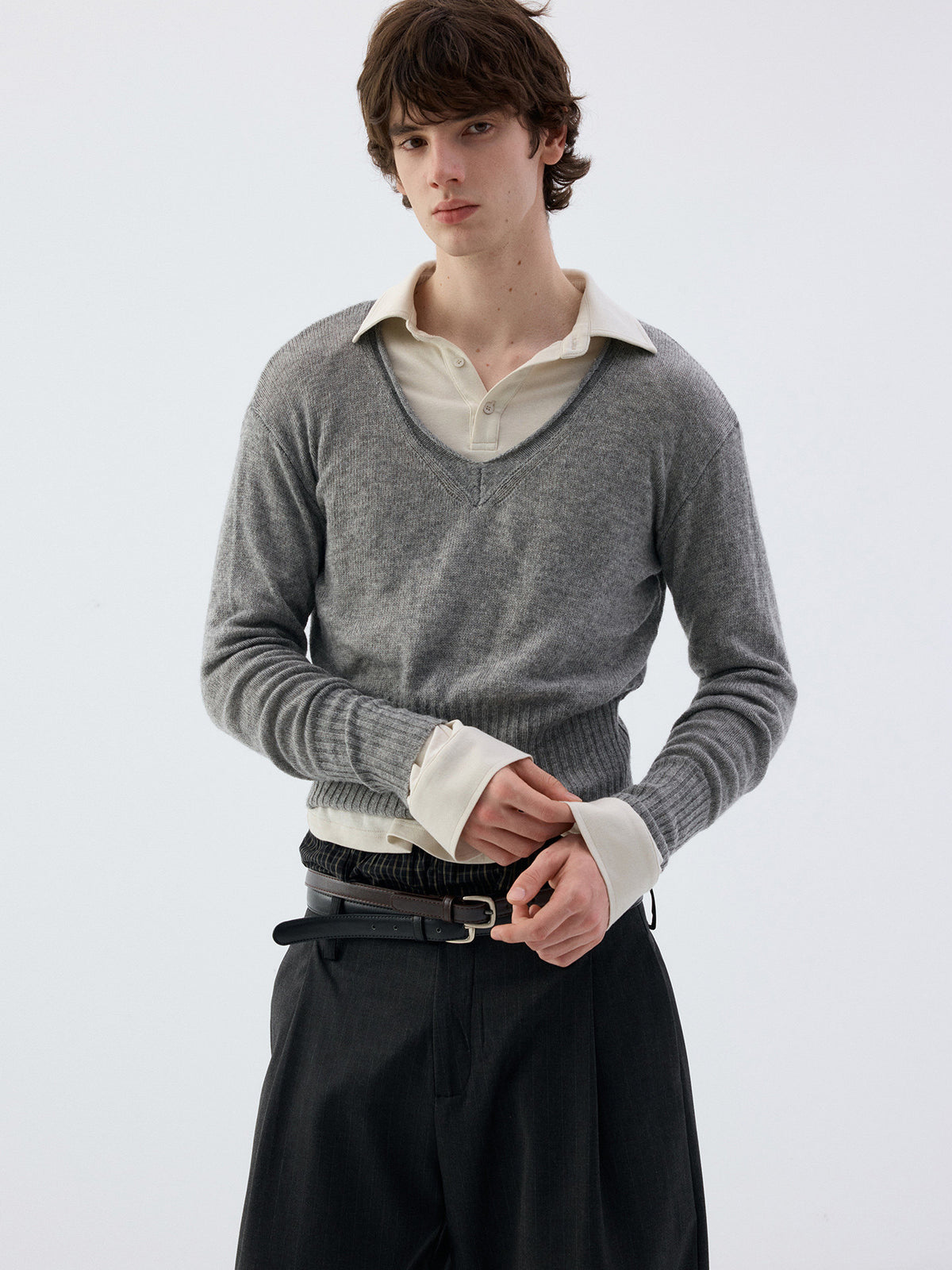 Wool Roll-Sleeve V-Neck Sweater