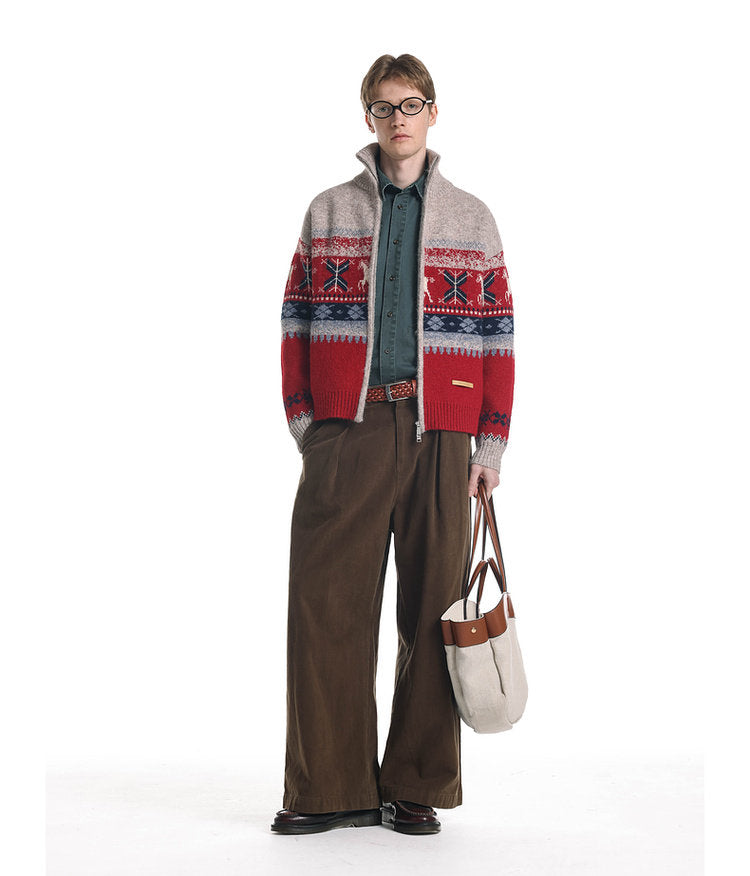 Wool-Blend Pony Jacquard Zip Cardigan