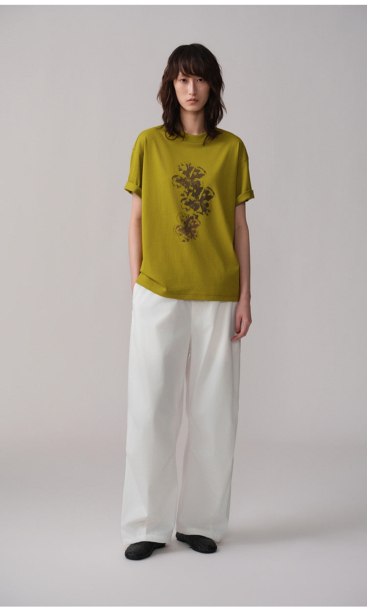 Round-Neck Ribbed Collar Drop-Shoulder T-Shirt