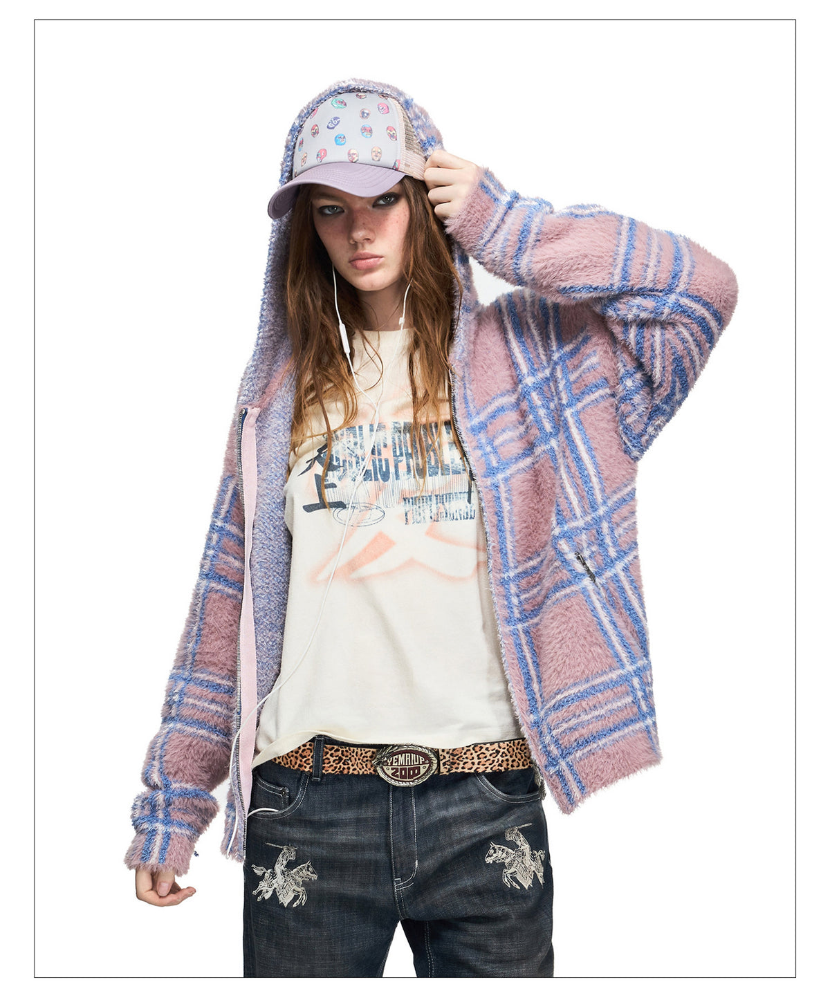 Mink-Gradient Check Cardigan