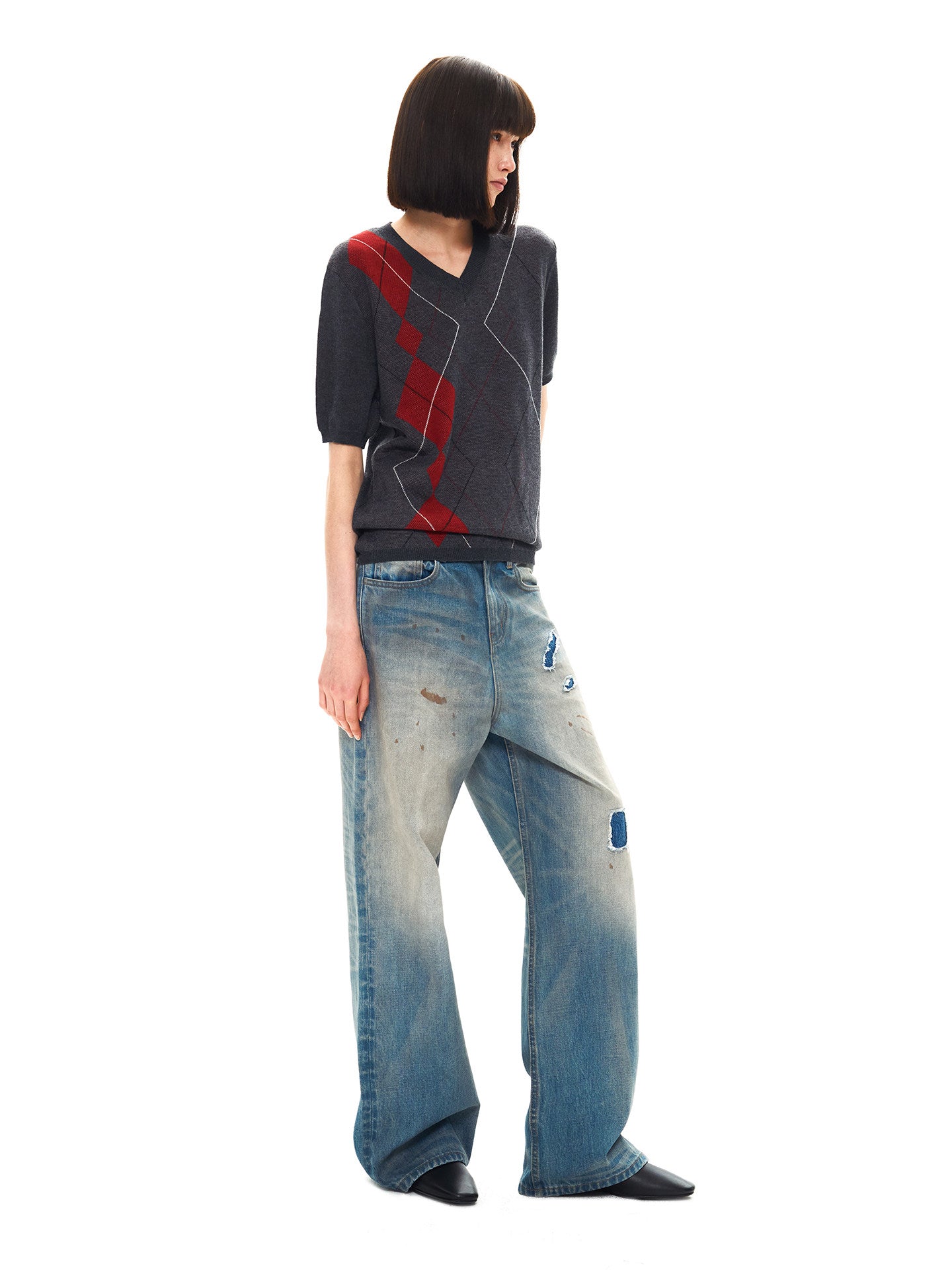 Double-Yarn Patchwork V-Neck Sweater