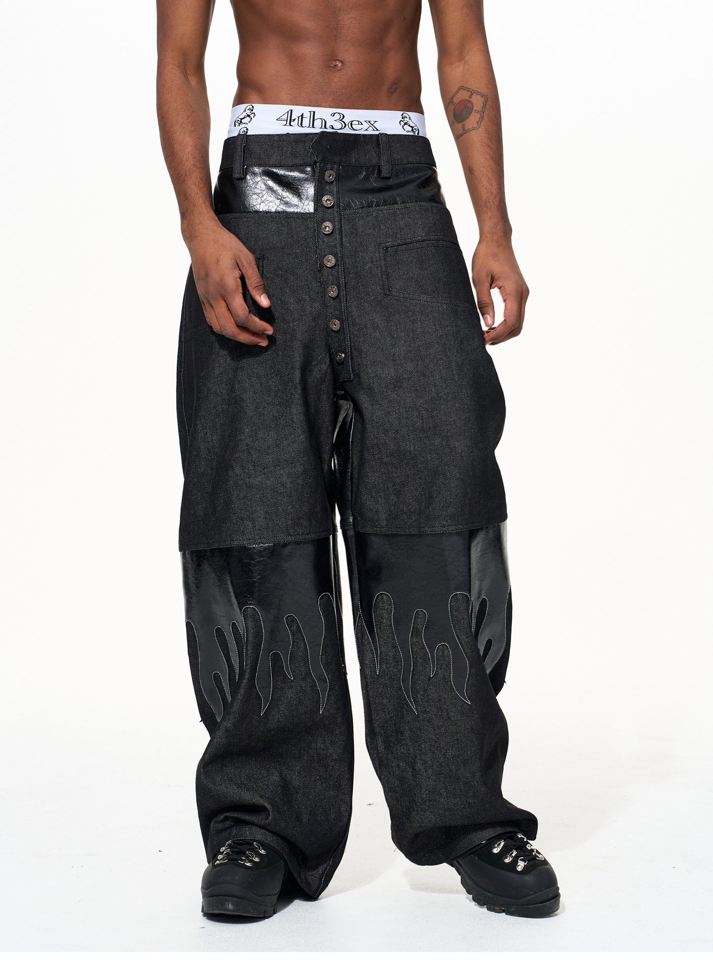 Flame Pattern Leather Jeans