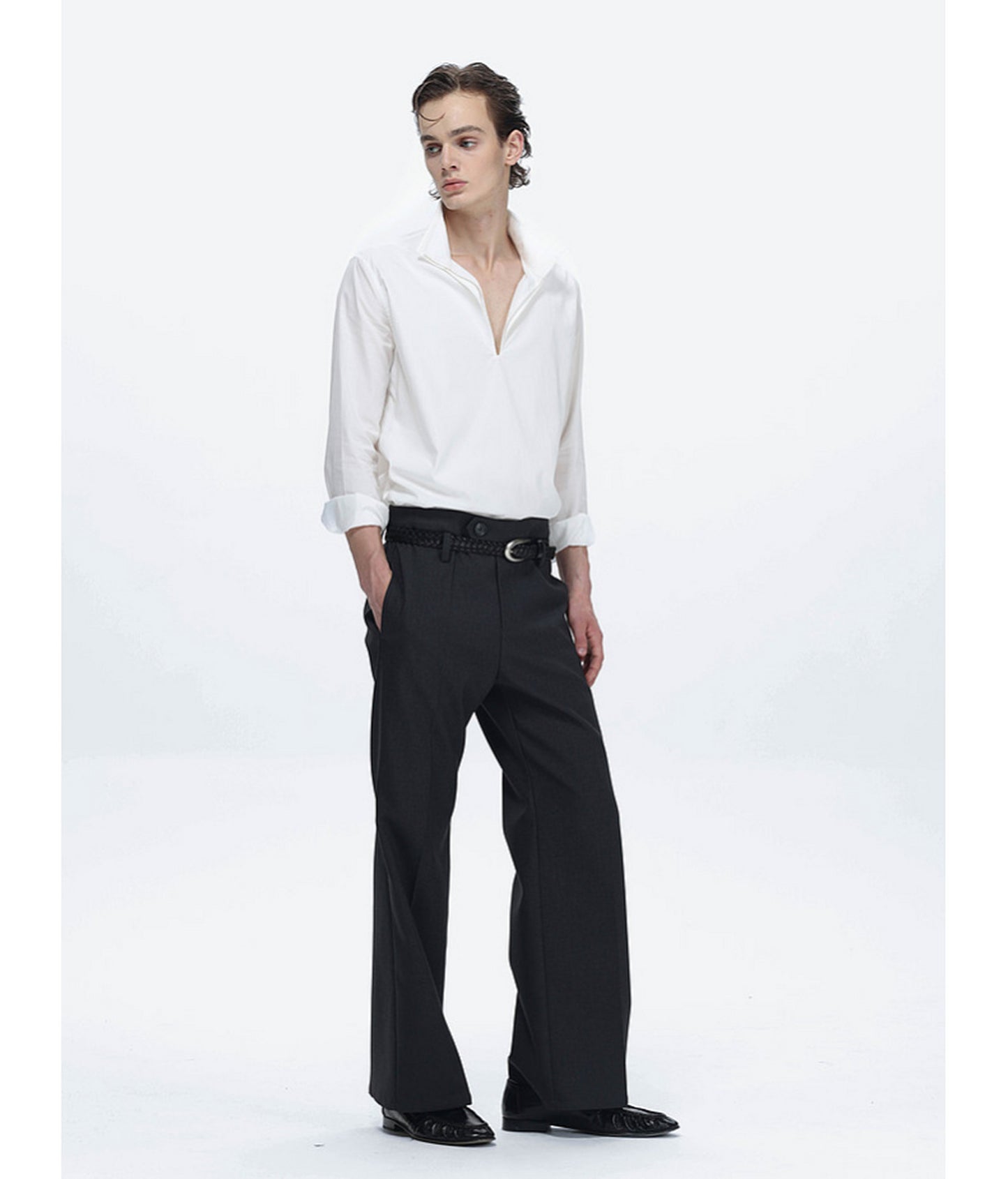 Deep V-Neck Half-Button Pullover Shirt