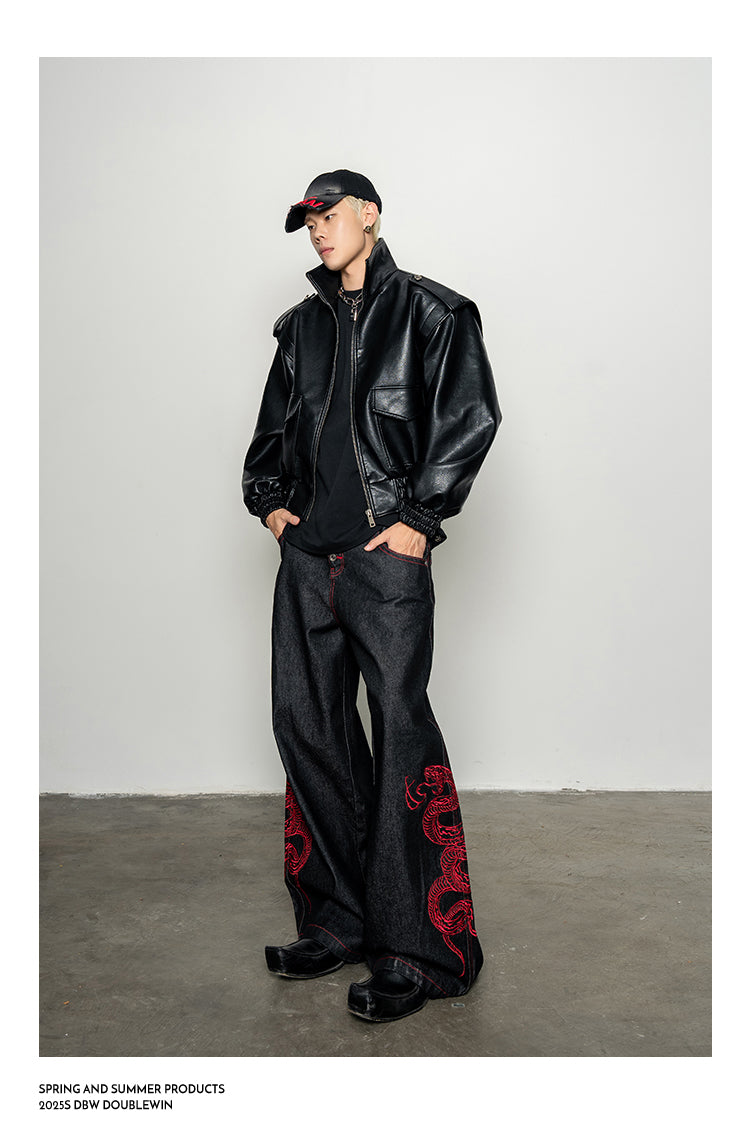 Red Snake Denim Pants