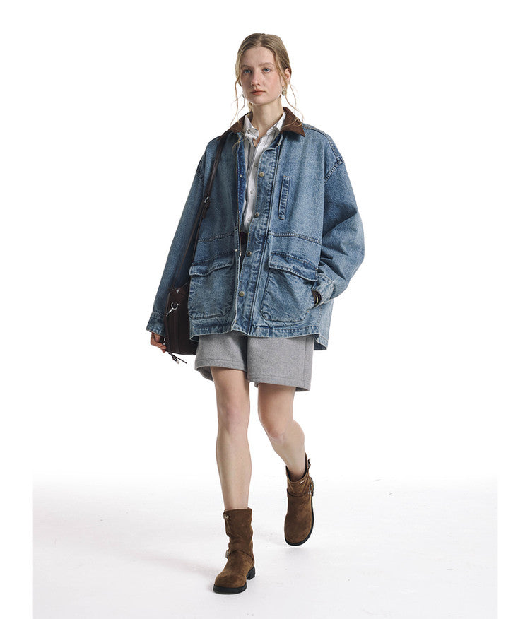 Vintage Denim Jacket with Washed Suede Collar