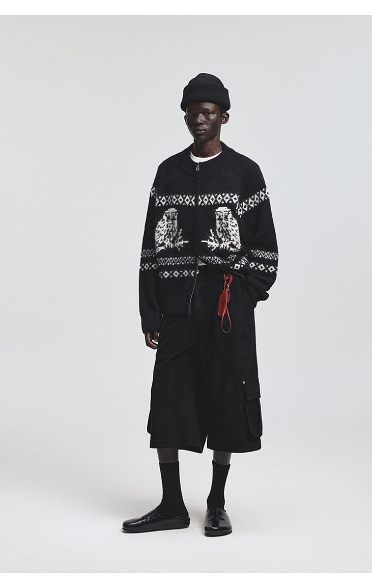 Vintage Animal Jacquard Zipper Cardigan