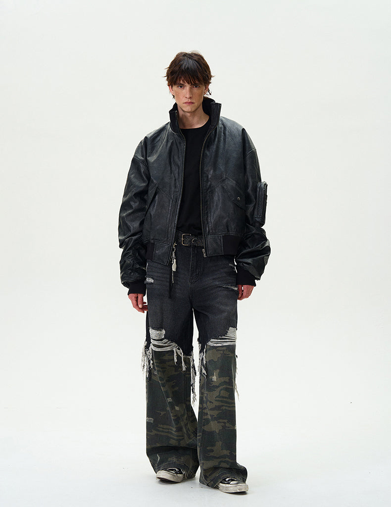 Washed Bomber PU Leather Jacket