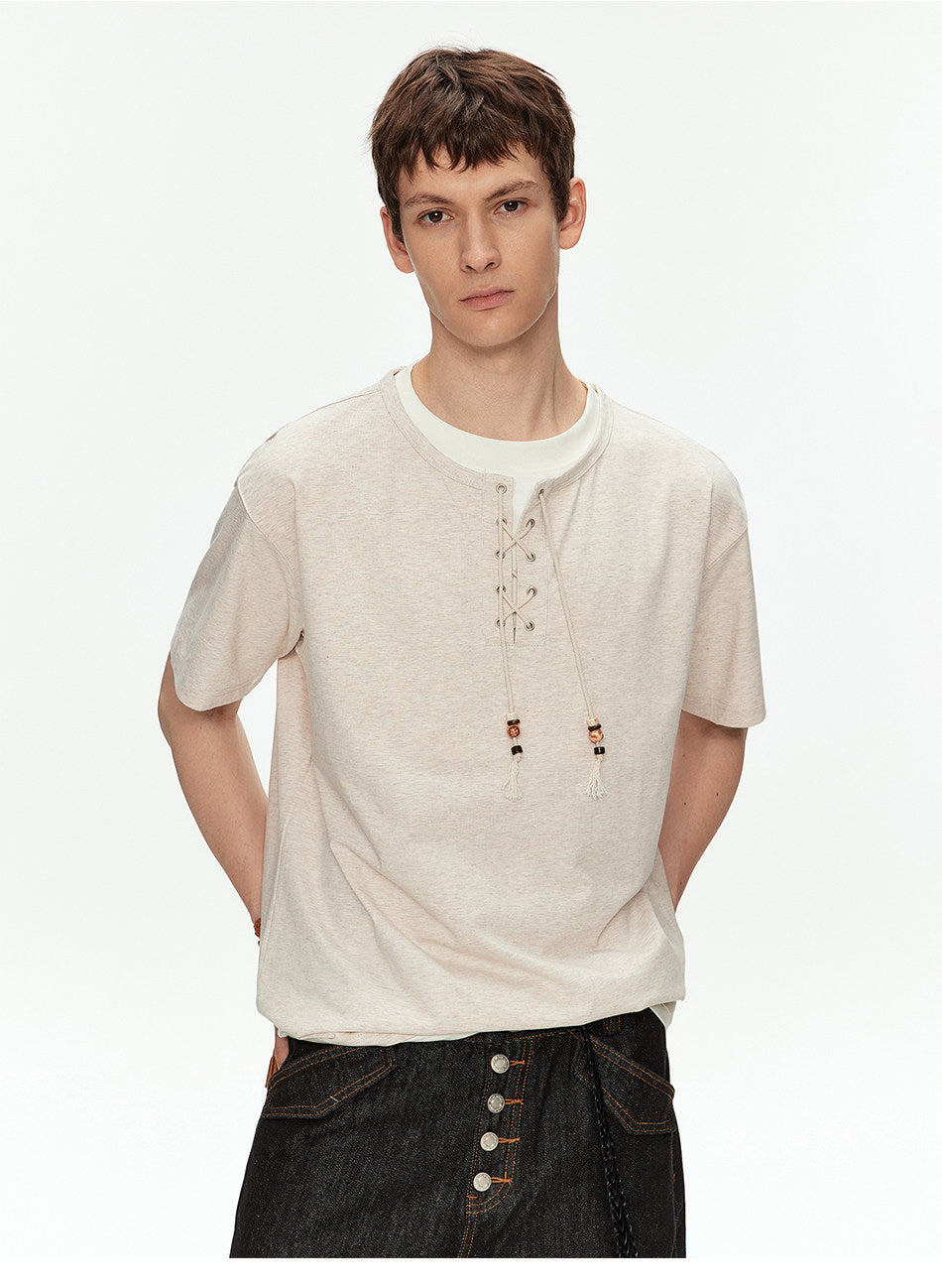 Off-Shoulder Fake Two-Piece T-Shirt with Beads