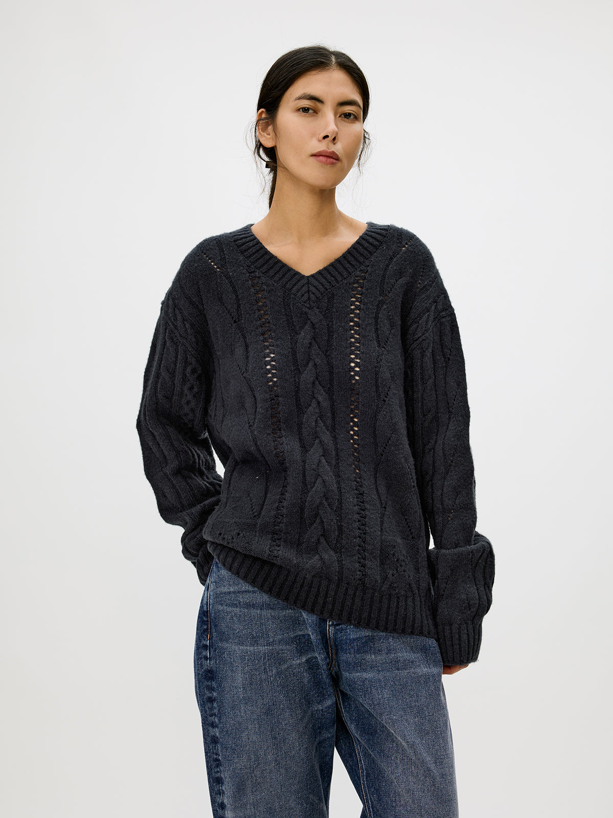 V-neck cable knit sweater