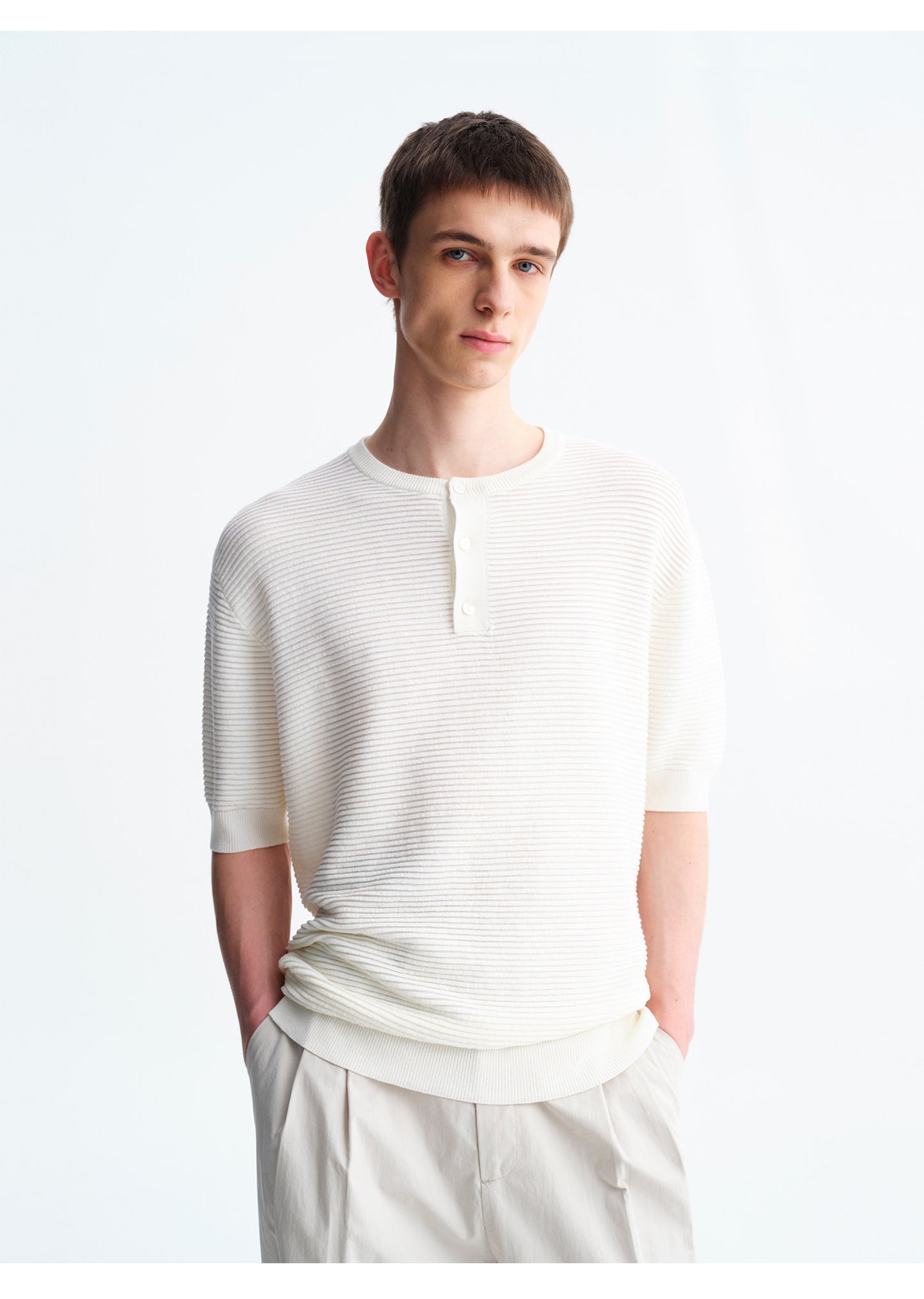 Henry-Neck Wool-Look Short-Sleeve Shirt