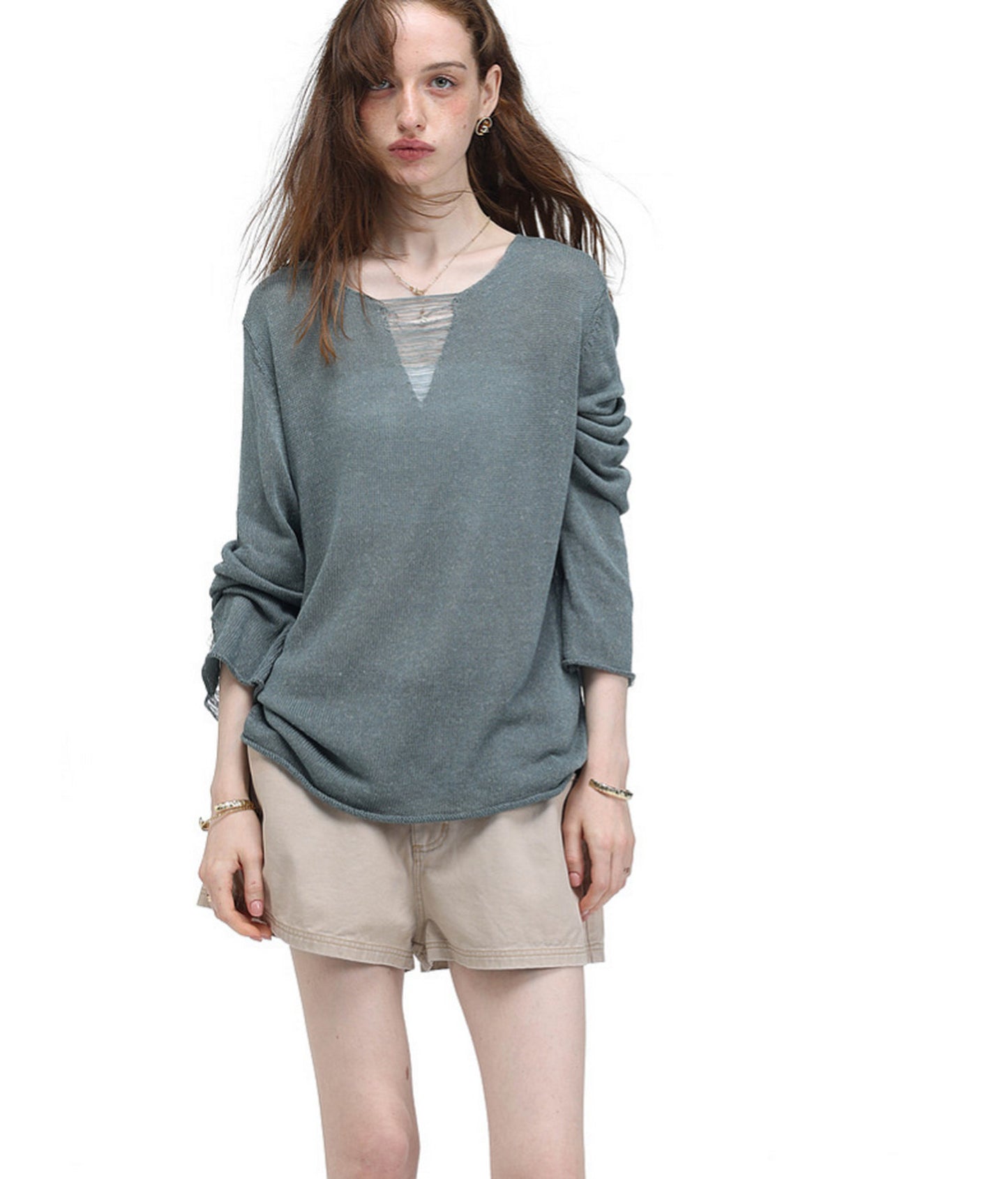 V-Neck Drawstring Lightweight Knit Shirt